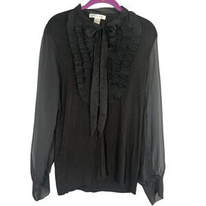 Neutral Tuxedo Ruffle Sheer Shirt L Festival Artsy Preppy Whimsical Fairy Retro